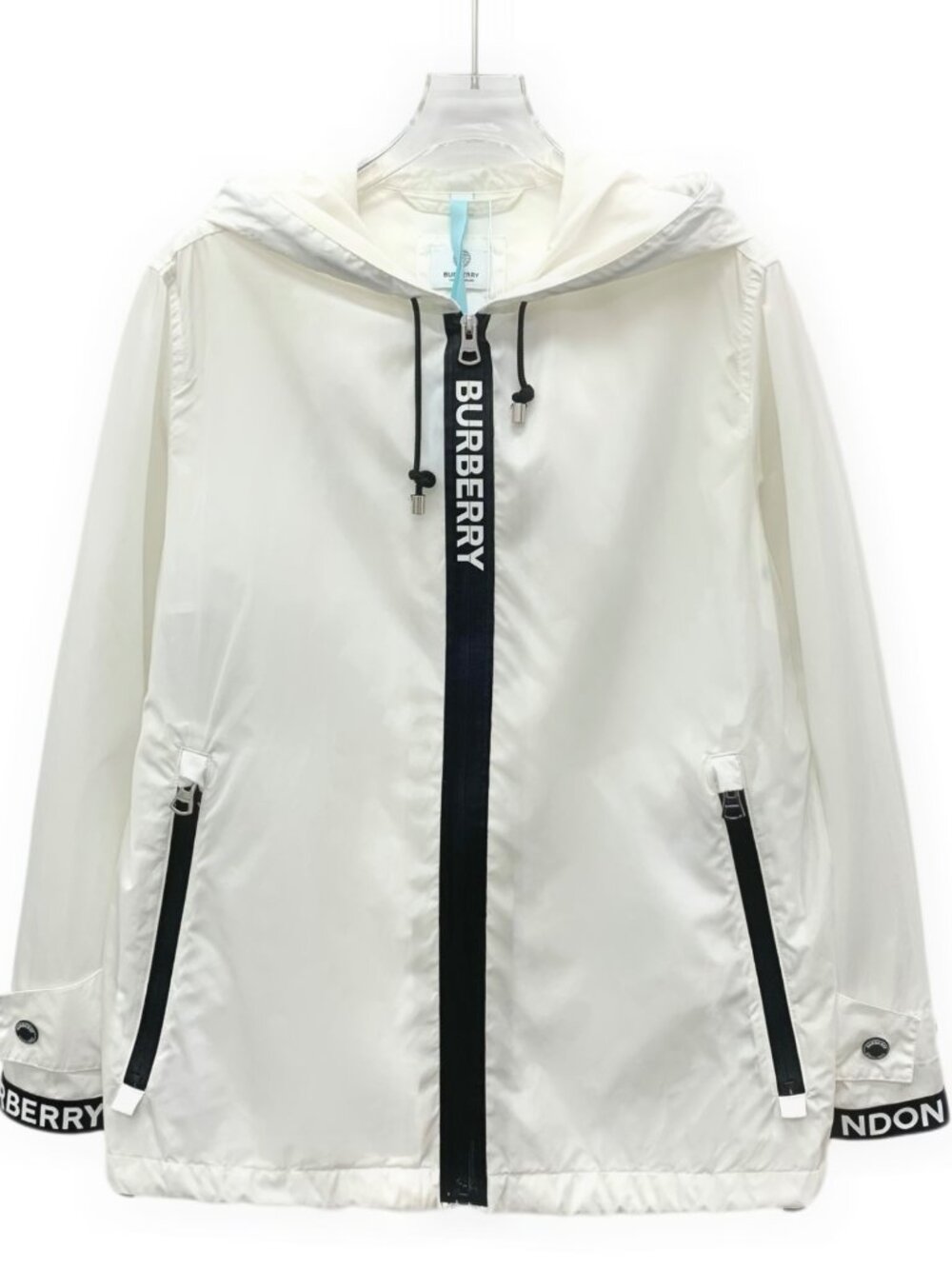 Burberry White logo print hooded drawstring zip-up jacket